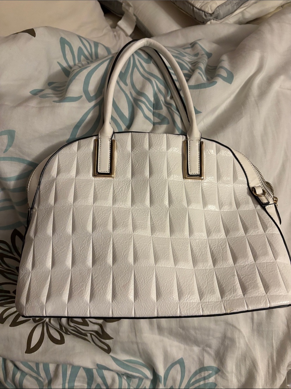 White Textured Dome Satchel Bag - Women's Handbag